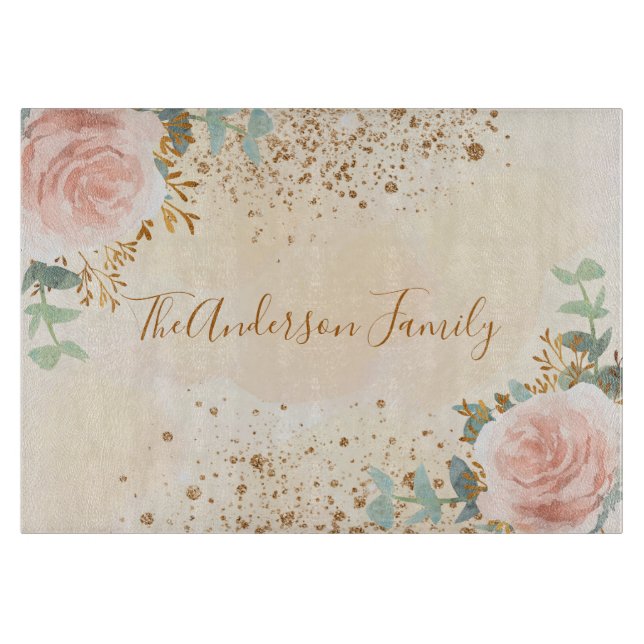 Blush pink florals eucalyptus gold glitter family cutting board (Front)