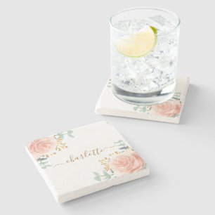 Blush pink florals eucalyptus gold glitter name  stone coaster