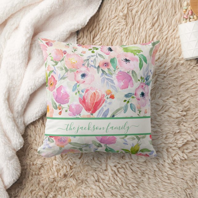 Blush pink florals family name script cushion (Blanket)