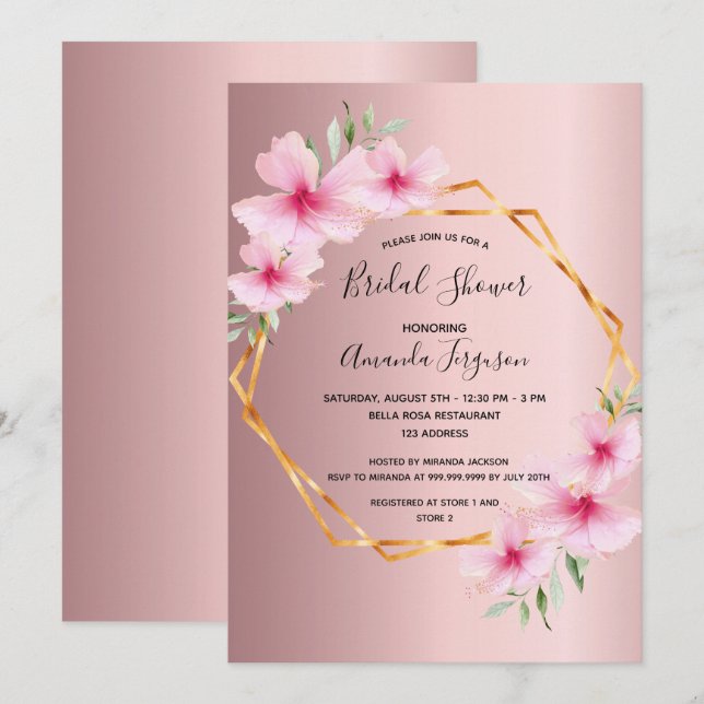 Blush  pink florals geometric bridal shower invitation (Front/Back)