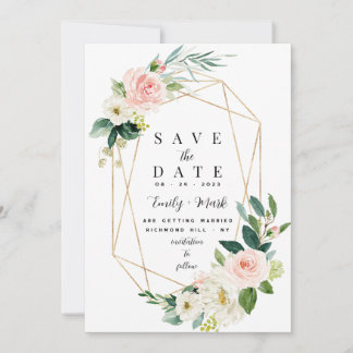 Blush Pink Florals, Greenery & Gold Save The Date