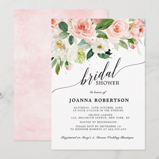 Blush Pink Florals Modern Botanical Bridal Shower Invitation (Front/Back)