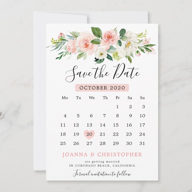 Blush Pink Florals Modern Botanical Calendar Save The Date (Front)