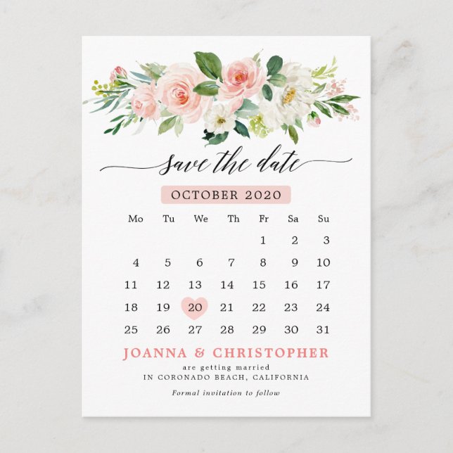 Blush Pink Florals Modern Botanical Save the Date Announcement Postcard (Front)