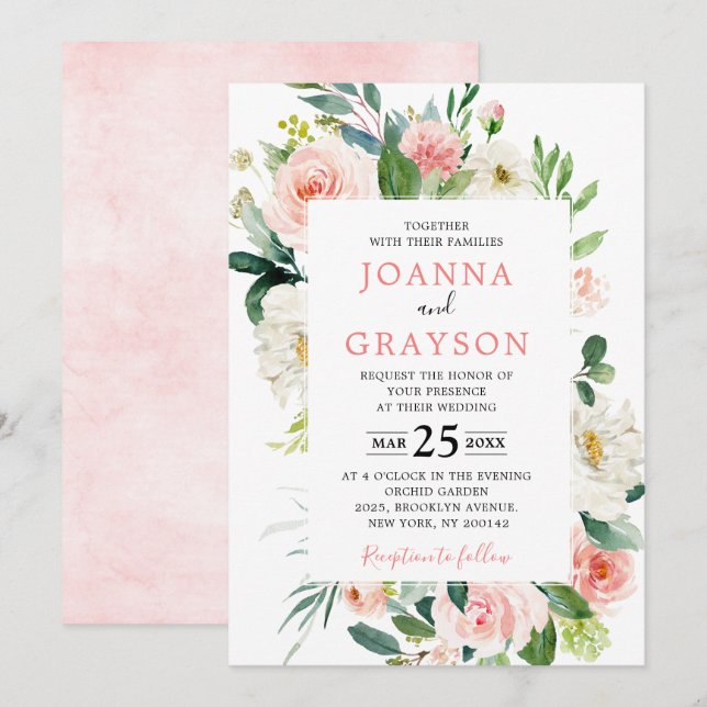 Blush Pink Florals Modern Botanical Wedding Invitation (Front/Back)