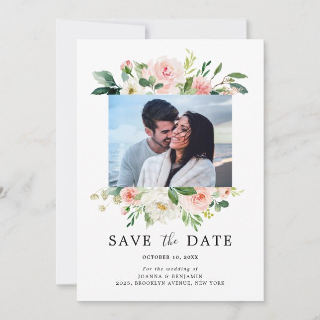 Blush Pink Florals Modern Botanical Wedding Photo Save The Date (Front)