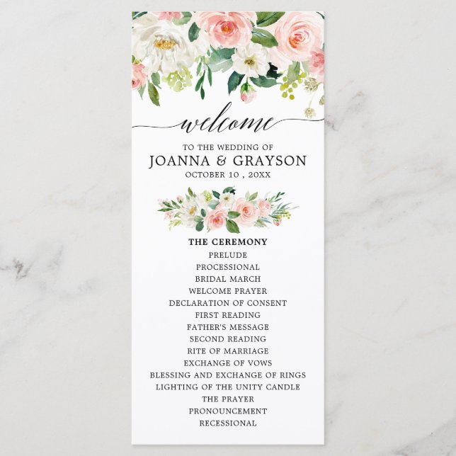 Blush Pink Florals Modern Botanical Wedding Programme (Front)