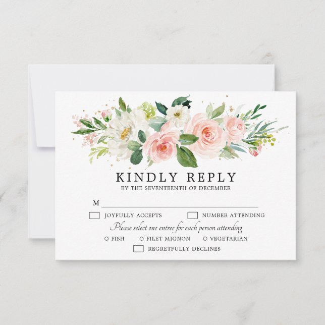 Blush Pink Florals Modern Botanical Wedding RSVP Card (Front)
