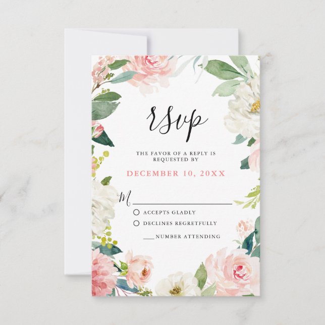 Blush Pink Florals Modern Botanical Wedding RSVP Card (Front)
