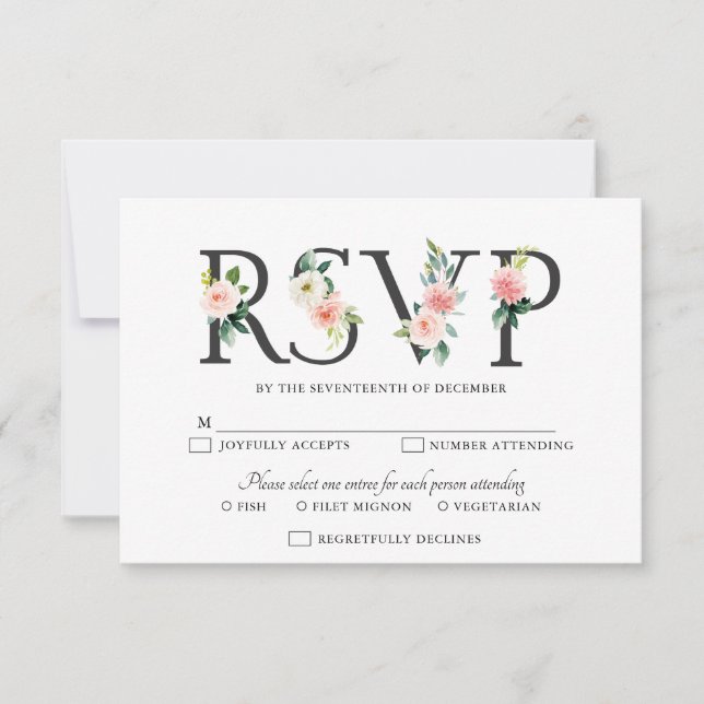 Blush Pink Florals Modern Botanical Wedding RSVP Card (Front)