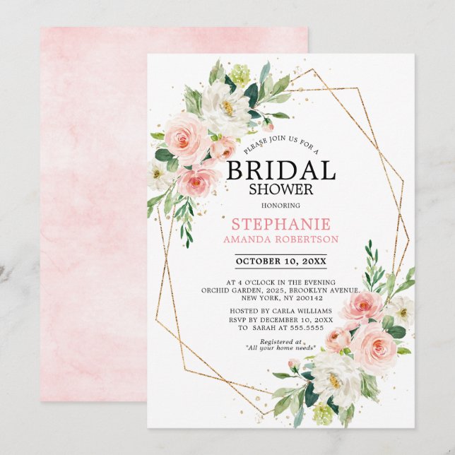 Blush Pink Florals Modern Geometric Bridal Shower Invitation (Front/Back)