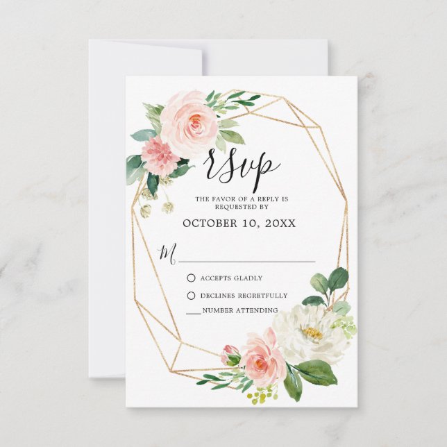 Blush Pink Florals Modern Geometric Gold Frame RSVP Card (Front)
