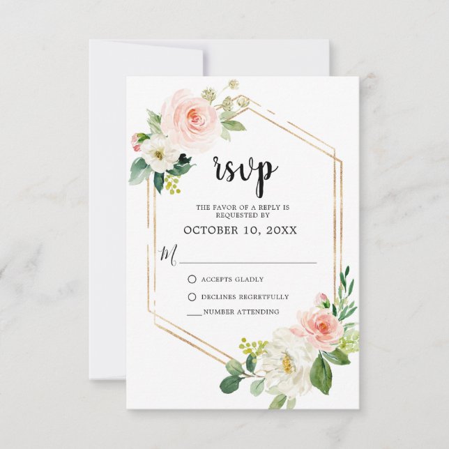 Blush Pink Florals Modern Geometric Gold Frame RSVP Card (Front)