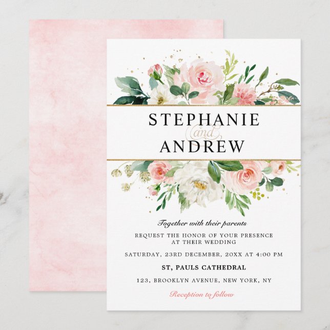 Blush Pink Florals Modern Gold Geometric Wedding Invitation (Front/Back)