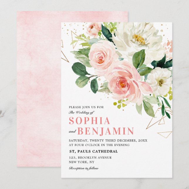 Blush Pink Florals Modern Gold Geometric Wedding Invitation (Front/Back)