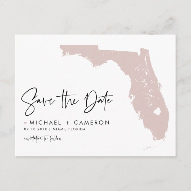 Blush Pink Florida Map Modern Script Save the Date Announcement Postcard (Front)