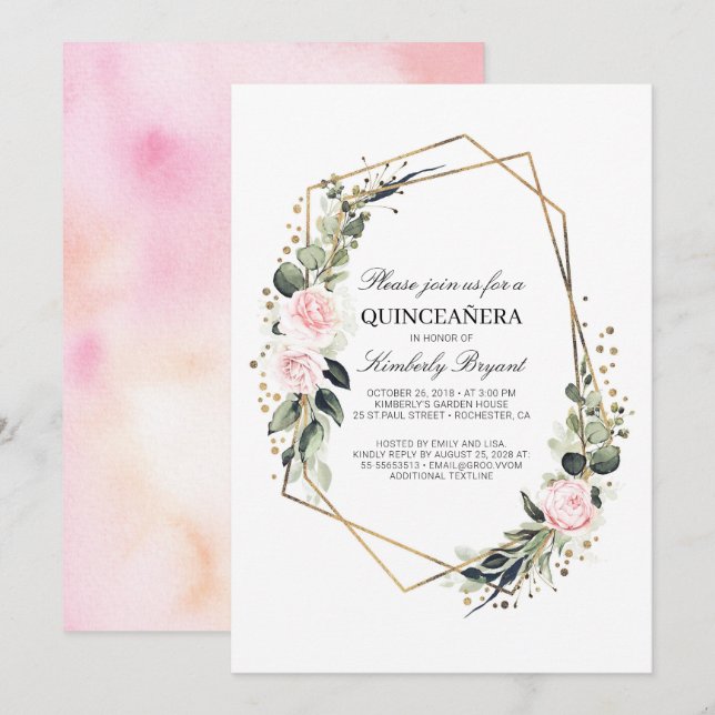 Blush Pink Flower and Gold Confetti Quinceanera Invitation (Front/Back)