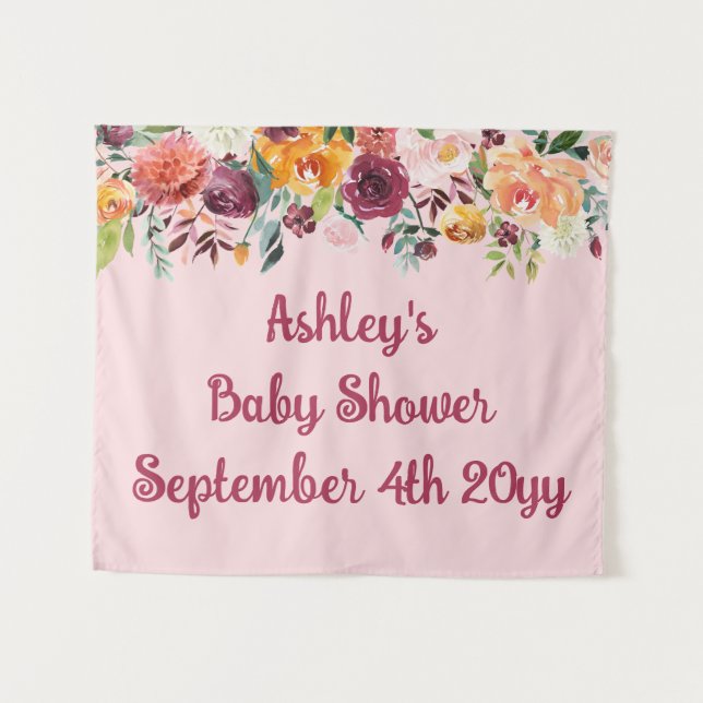 Blush Pink Flower Baby Shower Photo Booth Backdrop Tapestry (Front (Horizontal))