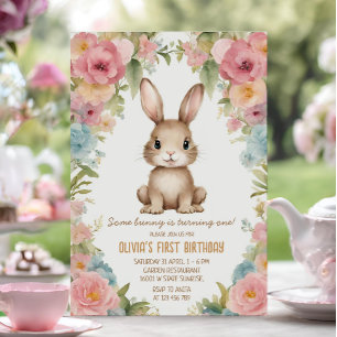 Blush Pink Flower Garden Bunny Rabbit Birthday Invitation
