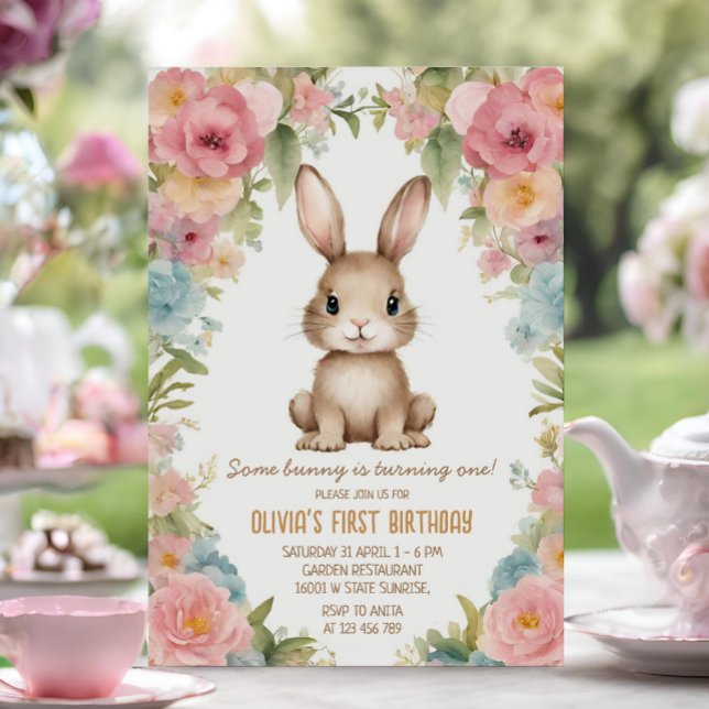 Blush Pink Flower Garden Bunny Rabbit Birthday Invitation (Creator Uploaded)
