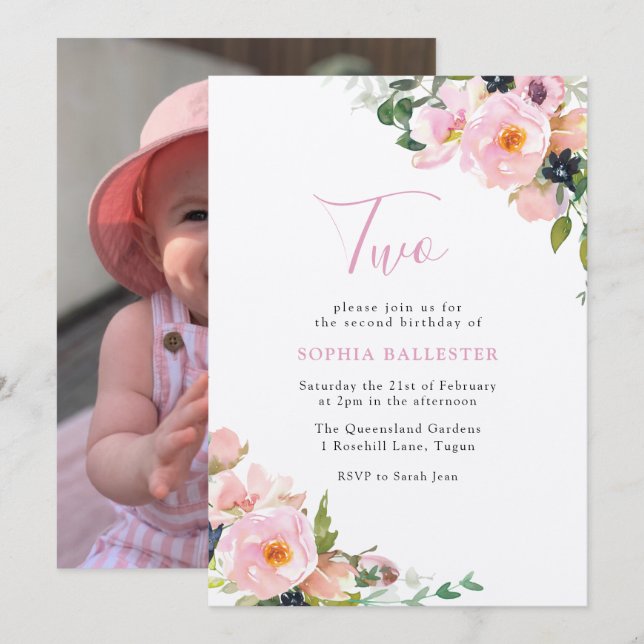 Blush & Pink Flower Girls 2nd Birthday Party Photo Invitation (Front/Back)
