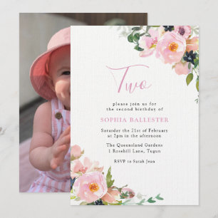 Blush & Pink Flower Girls 2nd Birthday Party Photo Invitation