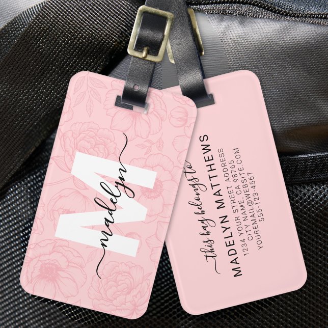 Blush Pink Flower Monogram Luggage Tag (Blush Pink Girly Flowers Monogram Name Luggage Tag)
