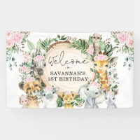 Blush Pink Flower Safari Animals Birthday Welcome