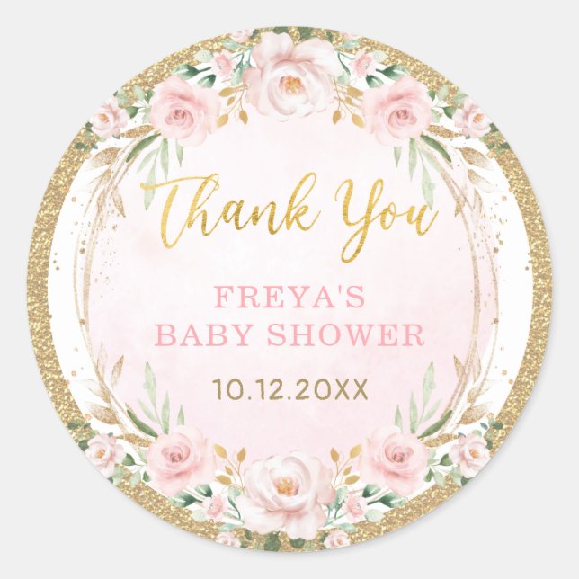 Blush Pink Flower Wreath Baby Girl Shower Favour Classic Round Sticker (Front)