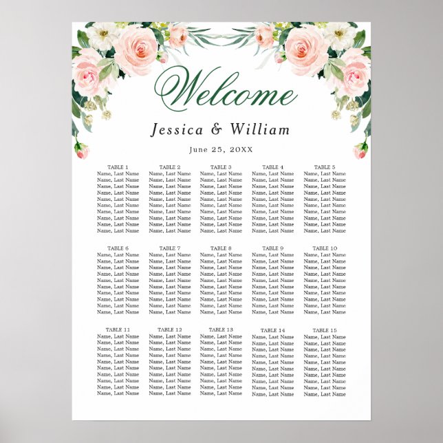 Blush Pink Flowers 15 Tables Wedding SEATING CHART (Front)