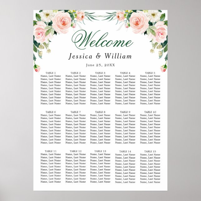 Blush Pink Flowers 15 Tables Wedding SEATING CHART (Front)