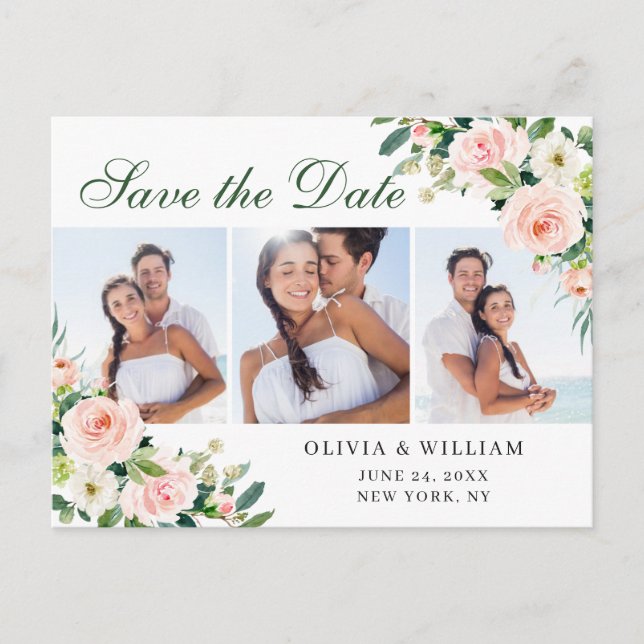 Blush Pink Flowers 3 PHOTO Wedding Save the Date Postcard (Front)