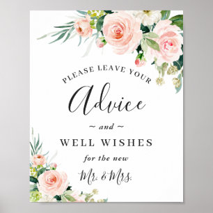 Blush Pink Flowers Advice and Well Wishes Wedding Poster