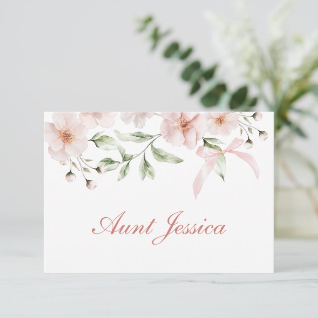 Blush Pink Flowers and Bow Flat Place Card (Standing Front)