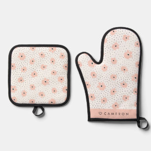 Blush Pink Flowers and Dots Pattern Personalised Oven Mitt & Pot Holder Set