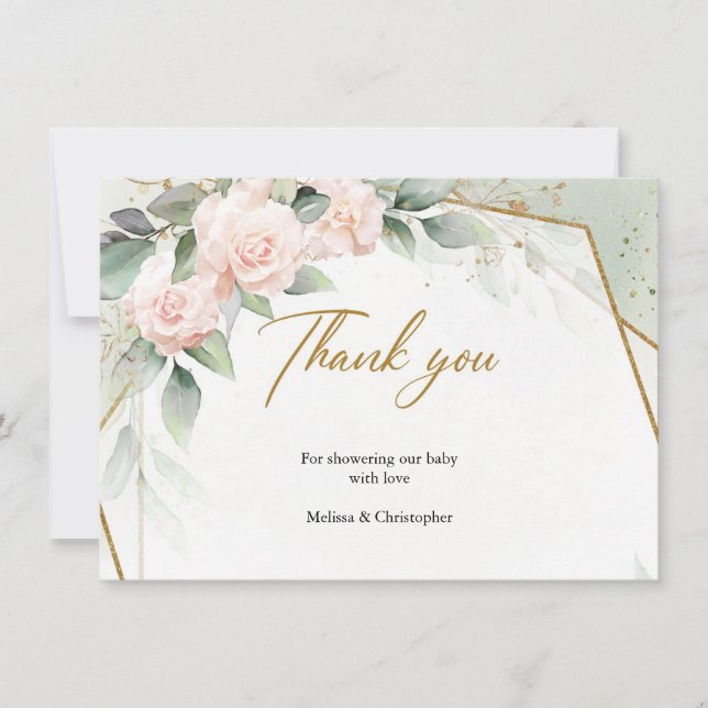 Blush pink flowers and eucalyptus and gold frame  thank you card (Front)