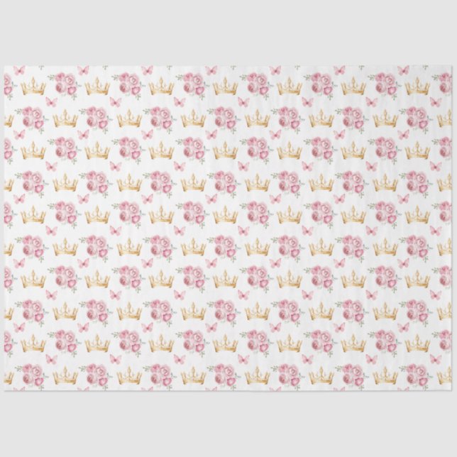 Blush Pink Flowers and Gold Crowns Tissue Paper (Front)