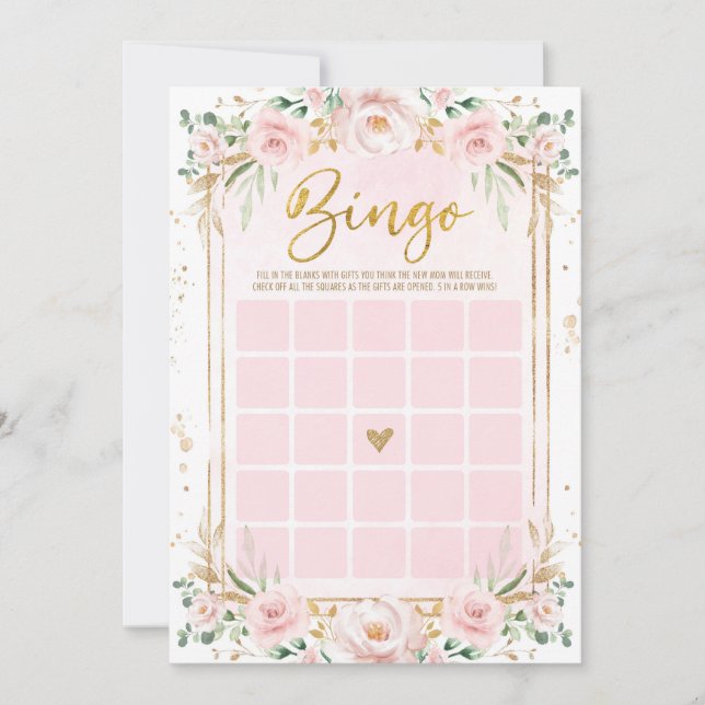 Blush Pink Flowers Bingo Baby Shower Game Card (Front)
