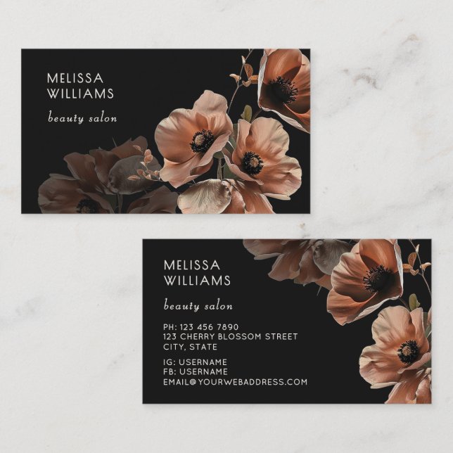 Blush Pink Flowers Black Business Card (Front/Back)
