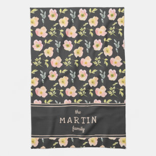 Blush Pink Flowers Black Custom Family Name Tea Towel