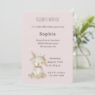 Blush Pink Flowers Bunny Birthday Invitation