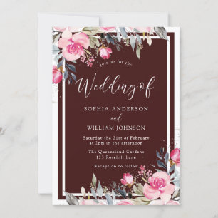 Blush Pink Flowers Burgundy Red Elegant Wedding Invitation