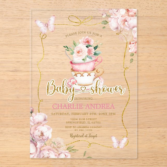 Blush Pink Flowers Butterfly Tea Party Baby Shower Acrylic Invitations (Front)