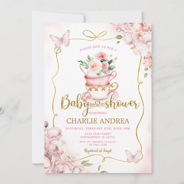 Blush Pink Flowers Butterfly Tea Party Baby Shower Invitation (Front)