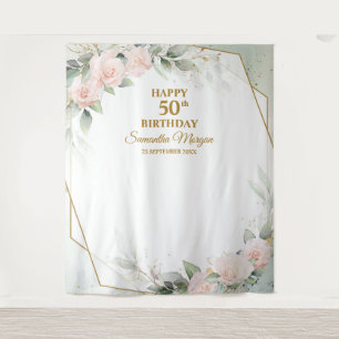 Blush pink flowers eucalyptus gold 50th birthday tapestry