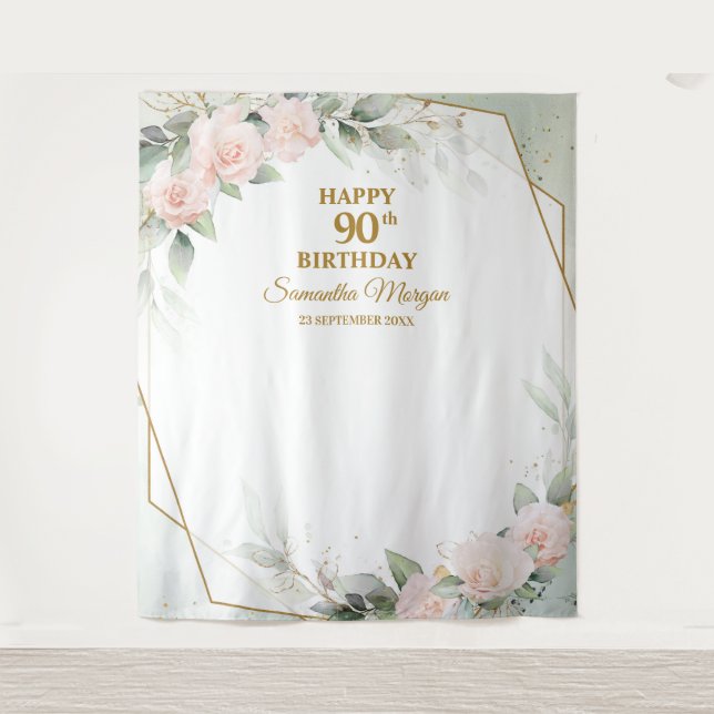 Blush pink flowers eucalyptus gold 90th birthday tapestry (Front)
