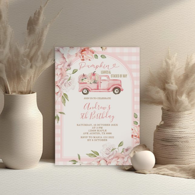 Blush Pink Flowers Fall Gingham Tractor Birthday Invitation (Creator Uploaded)