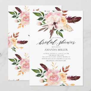 Blush Pink Flowers Feathers Bridal Shower Invitation