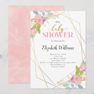 Blush Pink Flowers Geometric Frame Baby Shower Invitation
