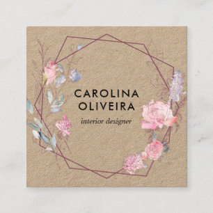 Blush Pink Flowers Geometric Kraft Square Business Card